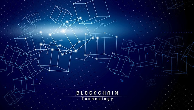 Blockchain technology design on blue background vector illustrat